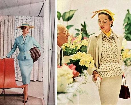 costume-féminin-vintage-1954-chic-classe-ascot-noeud-lavallière-cravate-coloré-motifs