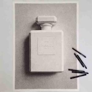 Dessin du parfum Chanel n°5 en trompe-l'oeil