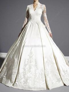 Forme Marquise Col V Traîne mi-longue Satiné Robe de Mariée avec Appliqués #Mfr00015394