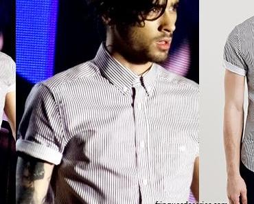 ONE DIRECTION : Zayn Malik wearing a burgundy and white stripe short sleeve shirt