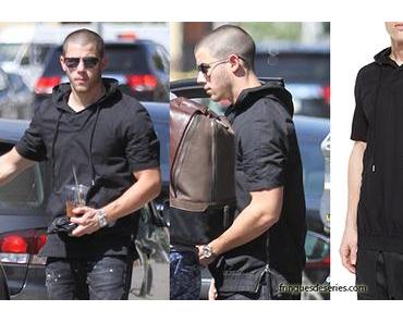 STYLE : Nick Jonas wearing a black Short-Sleeve Hoodie