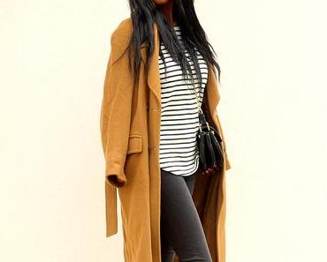 Manteau camel et mocassins bicolores