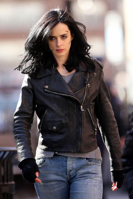 24 Mar 2015, New York City, New York State, USA --- Actress Krysten Ritter, wearing a leather jacket and biker boots, films 'AKA Jessica Jones' with Wil Traval on March 24, 2015 in Tribeca, New York City. Krysten's face features bloody cuts. Pictured: Krysten Ritter --- Image by © Christopher Peterson/Splash News/Corbis