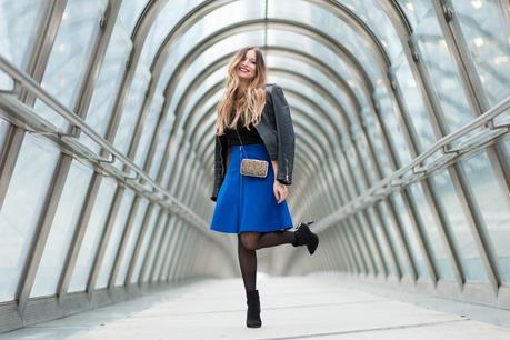 party outfit a line skirt and leather jacket