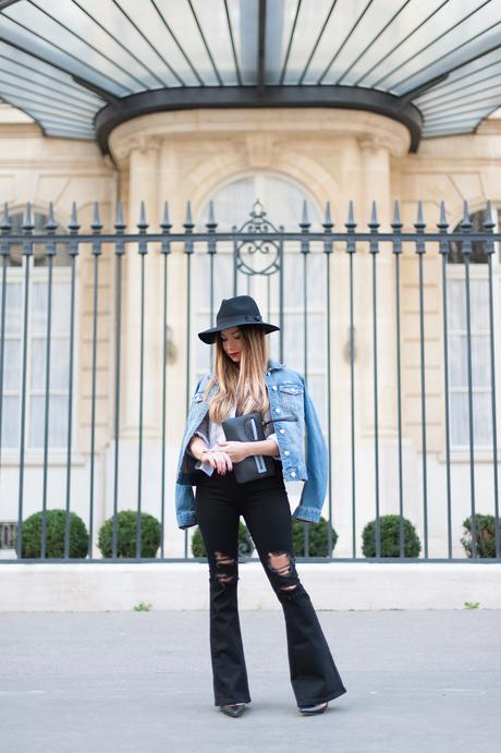 outfit with flare jean and denim jacket