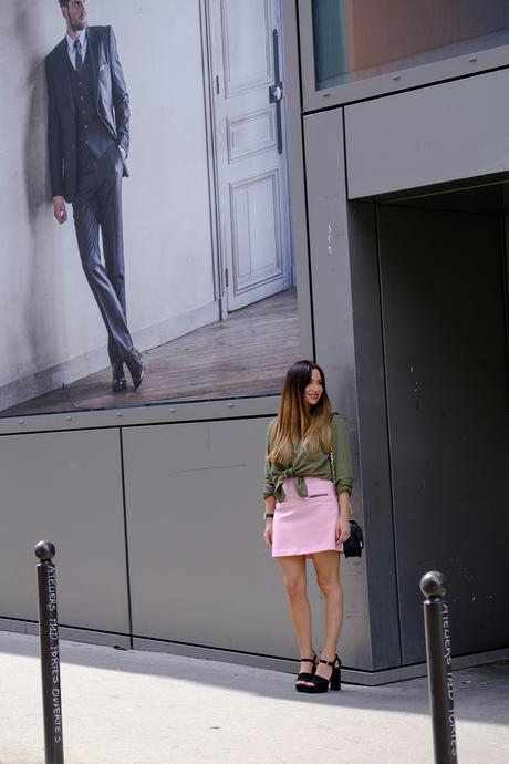 pink skirt and kaki military jacket fashion blog