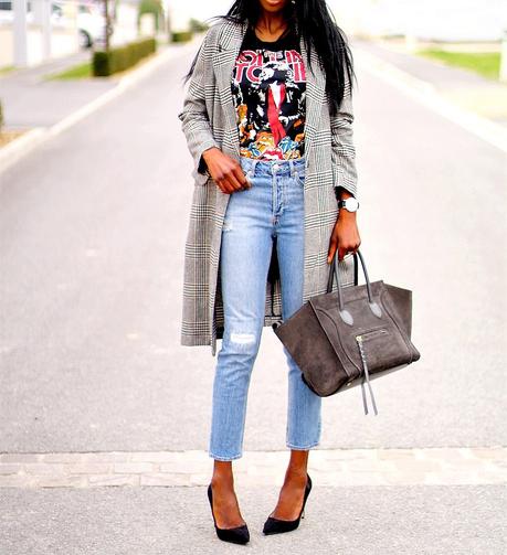 manteau-redingotte-carreaux-t-shirt-rock-escarpins-pointus-sac-celine-luggage