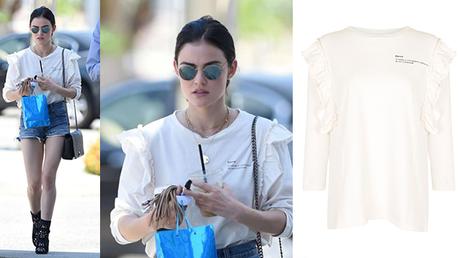 STYLE : Lucy Hale in denim shorts and « eternal » print top STYLE : Lucy Hale in denim shorts and « eternal » print top