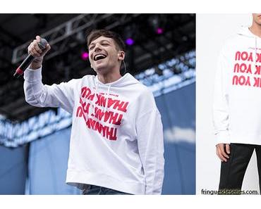 STYLE : Louis Tomlinson with a  Raf Simons thank you print hoodie