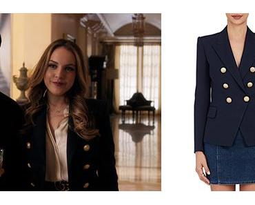 DYNASTY : Fallon Carrington wearing a navy blue double breasted gold button blazer in S1ep01