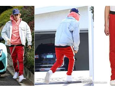 STYLE : Justin Bieber in Red & Off-White Knit Track Pants
