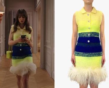 EMILY IN PARIS : Emily’s Handmade knit sleeveless jacket and  skirt with feather trim in S3E02